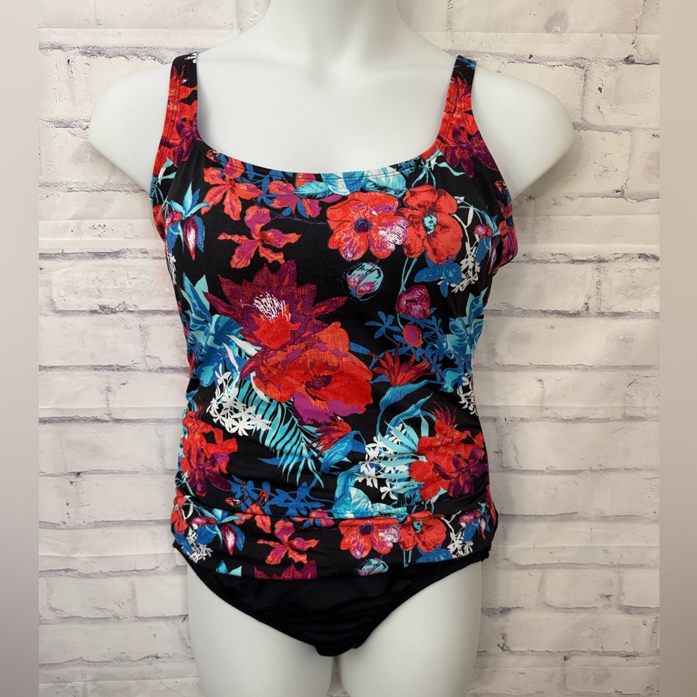 Jantzen Size 16 Black‎ Pink Floral One Piece Tank Modest Swimsuit Slimming